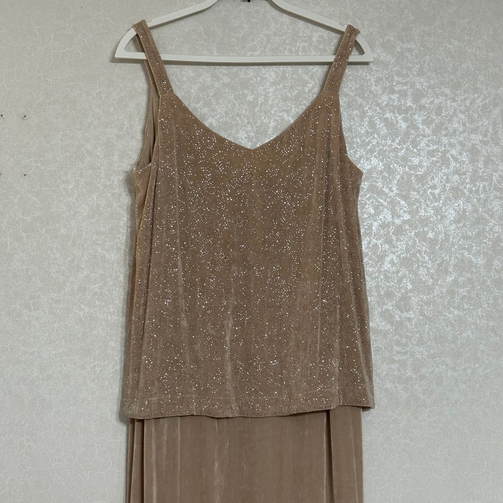 Francois Huey Waltz Femme VTG Sequined Overlay Sleeveless Dress Neutral Beige L